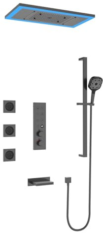 BEITH Infälld duschset, 630 x 330 mm termostatisk duschpelare, digital LED-display, 7 funktioner infällt duschsystem, badkarskran, 59 A koppar