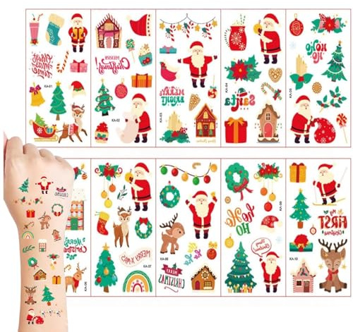 Slothbyte 10 Blätter Weihnachten Tattoo, Tattoos für kinder,Weihnachtsmann Weihnachtsmütze WeihnachtsbaumTattoo,Kinder Tattoos I kleinigkeiten für adventskalender I Weihnachten kinder kindertattoos