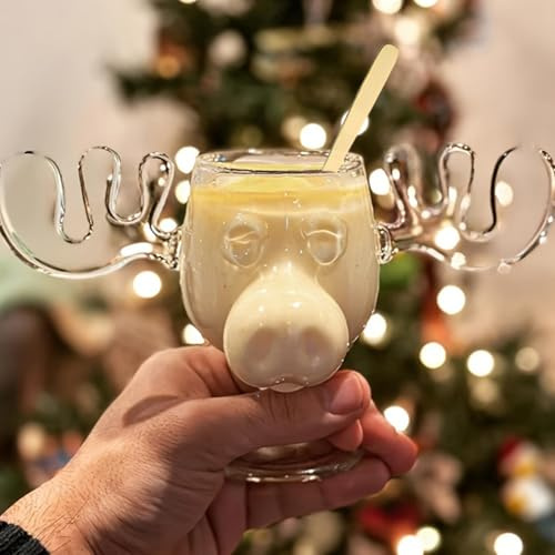 Christmas Vacation Moose Mug, Clear Thick Glass Christmas Eggnog Mug, National Lampoon’s Style Festive Gift for Holiday Birthday