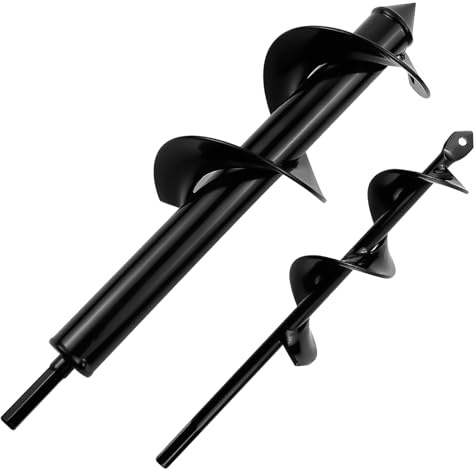 MISIQIMA 2 Stück Erdbohrer für Akkuschrauber, Schwarz Erdbohrer für Bohrmaschine, Gartenbohrer für Auflockern des Bodens und Graben von Löchern im Gartenbau (8 cm × 30 cm + 4 cm × 22 cm)