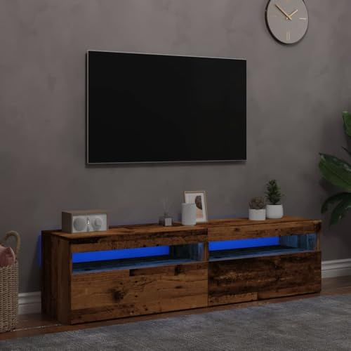 IBUQDDV Lot de 2 meubles TV avec éclairage LED RVB - Aspect bois vieilli - Support TV moderne avec port USB et espace de rangement