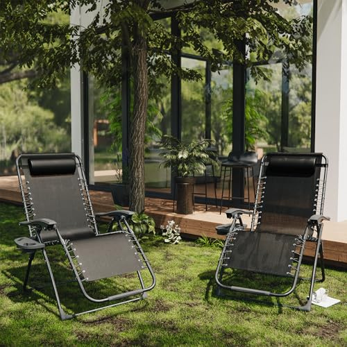 ALAULM Textilene Zero Gravity Stuhl-Set, 2 Stück, 180 kg belastbare Klapp-Sonnenliegen mit Getränkehalter, verstellbare Liegestühle für Terrasse, Camping, Strand (schwarz)