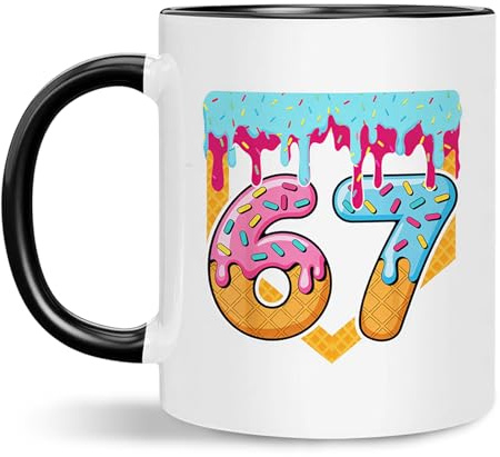 Six Seven - Tasse à café - 67 tasses - Cadeau amusant - Tasse à café - Tasse à thé colorée - Motif cornet de glace - Tasse en céramique - Tasse humoristique - 6 7 tasses à café - Tasse à café de 11 oz