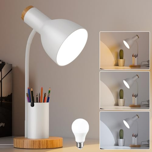 himmel Schreibtischlampe Weiß kinder mit Stiftehalter, Holz-Akzent, Verstellbar, Tischlampe kinder für Homeoffice, Nachttisch und Studentenzimmer