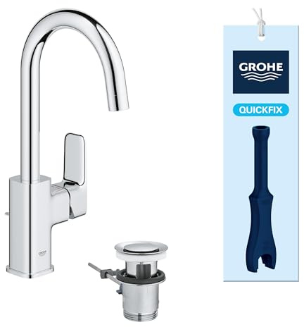 GROHE Dice, Waschtischarmatur hoch, wassersparend (Wasserhahn für das Bad, Badarmatur mit Zugstangen-Ablauf, 31cm hoch, mit 3in1 Werkzeug, einfache Installation am Waschbecken), chrom, 1018710000