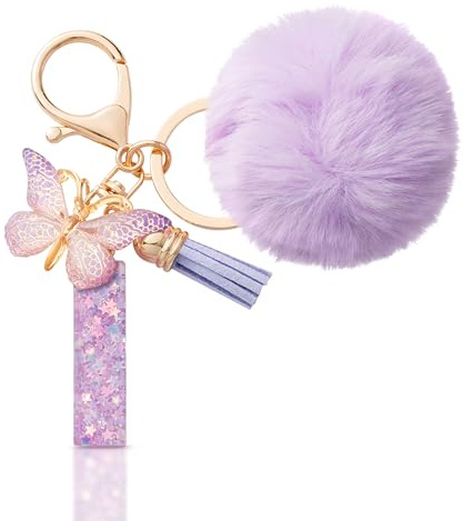 CHUQING Porte Clé Lettre Papillon Pompon pour Femme Violet I