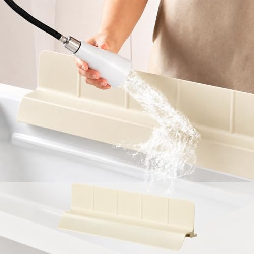 X-EcoLive 23 Silicone Sink Splash Guard, Upgraded Self-Draining Water Splash Barrier with Suction Cups, 3.5” High Splash Proof Guard for Kitchen Sink, Bathroom & Island, Dishwasher Safe, Beige