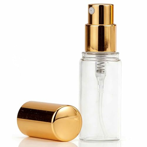 VBESTLIFE 50 St Miniglassprayflaskor, 5 Ml Påfyllningsbara Parfymflaskor med Guldpumphuvud, Resestorlek för Eteriska Oljor Facial Mists Hårsprayer (Guld 5ml glas)
