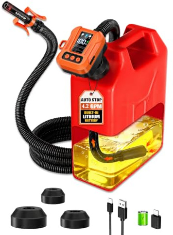AILRINNI Fuel Transfer Pump with Auto-Stop, 4.2 GPM(16 L/min) USB-C Lthium Battery Powered Pump & LED Display with 3 Adapters for Petrol Can, 65 Hose, Portable Fluid Transfer Pump for Trucks & Farms