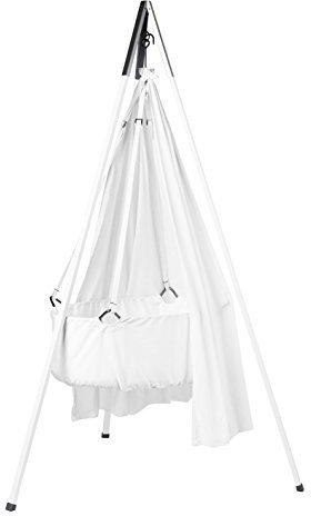Leander - Culla per bambini con materasso e ganci da soffitto, con baldacchino (velo) bianco + treppiede bianco