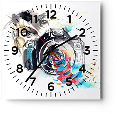 Modern Wanduhr Fotograf Kamera Fokus Hobby 30x30cm Quadrat Klein Wand Uhr Glas Analog Zimmeruhren Küche Büro Wohnzimmer Glasuhr Wall Clock Dekoration Design Wanddekoration Küchenuhr C4AC30x30-3022