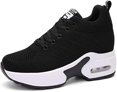 AONEGOLD Zapatillas de Deporte Transpirables Mujer Zapatillas de Cuña para Alta Talón Plataforma 8.5 cm Wedge Sneakers 2786 Negro 38 EU