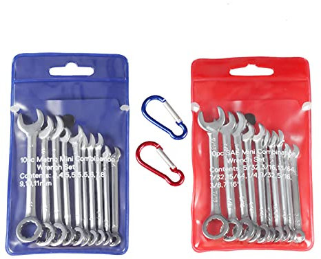 LEONTOOL Kleines Schraubenschlüssel-Set, metrisch und SAE, 20-teilig, Mini-Schraubenschlüssel, offenes Ende, Ringschlüssel-Set mit Karabiner-Clip, metrisch 4–11 mm und SAE 5/32 bis 7/16 Zoll,