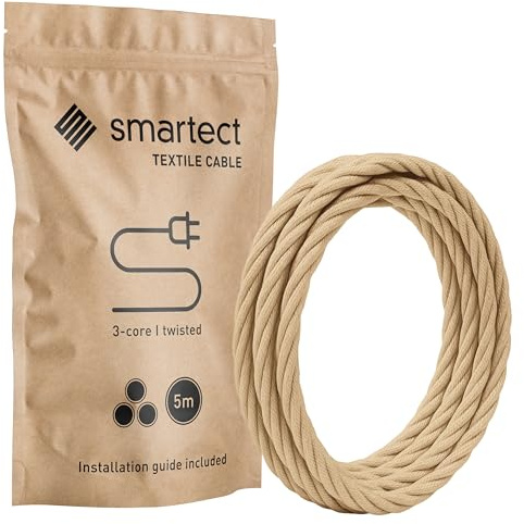 smartect Tvinnad Textilkabel för Lampor Ljusbrun, 5 Meter Tvinnad trasa täckt Tråd, 3 Prong (3 x 0.75mm²) Trasa Elektrisk Sladd för DIY Projekt