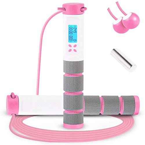 Cuerda de saltar, Cuerda de saltar digital con asa ponderada y contador de calorías para entrenamiento de fitness, Cuerda de saltars de velocidad ajustable para hombres, mujeres,niños y niñas (Rosa-A)