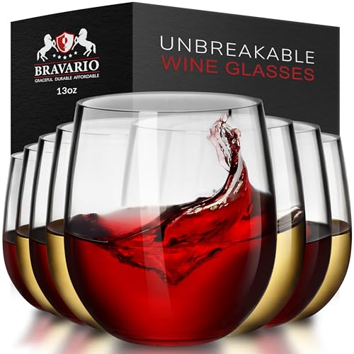 Bravario Copas de vino de plástico irrompibles sin tallo | Reutilizables | 100% plástico Tritan inastillable | Apto para lavavajillas | Sin BPA | Impresionante para interiores y exteriores | 13 onzas,