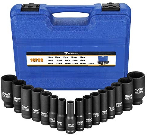 Anbull 16tlg Schlagschrauber Stecknuss Set 1/2 10-32mm tiefe Sechskant | CR-v Material, für den Einsatz mit elektrischen, Langnuss set, Impact Socket Set, Antrieb Sechskant Nüsse Schlagnüsse
