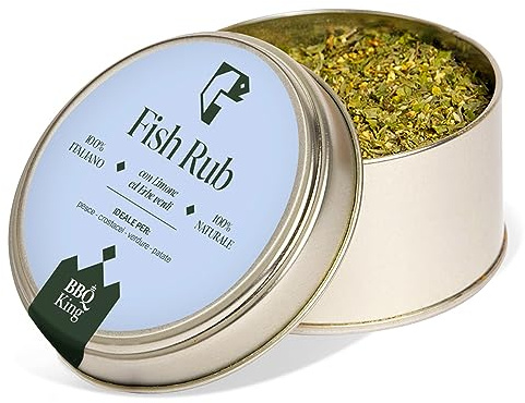 BBQ KING - Fish Rub Confezione da 70 Gr, Dry Rub Bbq per Pesce Ideale per Barbecue e Grill, Set Spezie Cucina 100% Made in Italy, Miscela di Spezie per Pesce alla Griglia, Crostacei o Pesce Affumicato