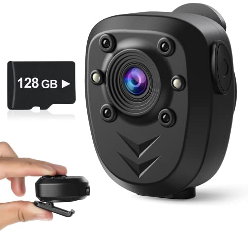 Mini Body Camera Video Recorder Built-in 128GB Memory Card with Night Vision IR & Loop Record HD 1080P, 4-6 HR Battery Life Wearable Police Cam for Home, Outdoor, Law Enforcement, Security Guard