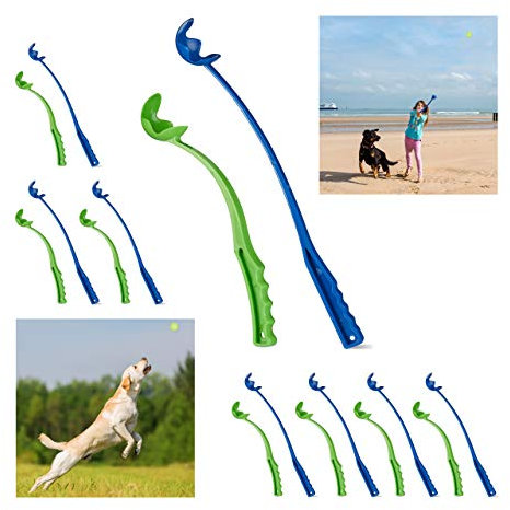 Relaxdays Ballschleuder für Hunde, 2er Set Ballwerfer, Wurfschleuder für Tennisbälle, Wurfarm, Hundespielzeug, blau/grün, 2er Pack