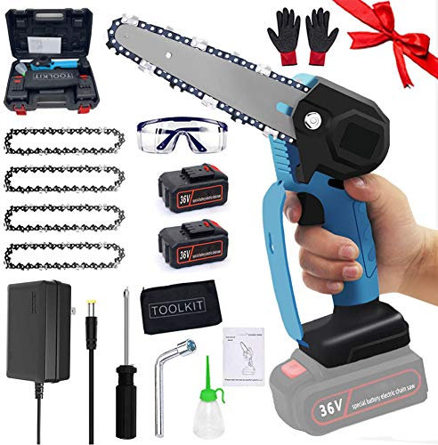 Mini motosierra de mano de 36V Sierra de cadena portátil eléctrica inalámbrica de 6 pulgadas Mano 0.85kg Ligero Tijeras de podar motosierra para poda de árboles de jardín corte de madera,blue