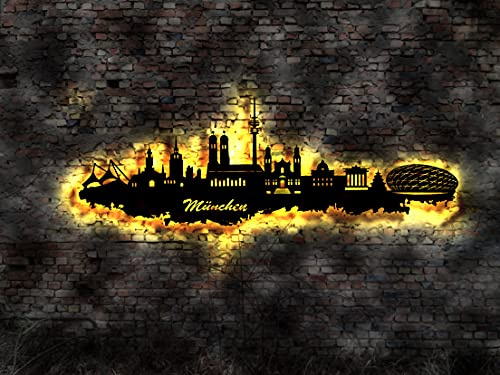 Manufaktur MV Skyline München LED Wandbild aus Holz Stadt AK Karte Map Stadtplan Wandsticker Leuchtbild Neonreklame Neon sign