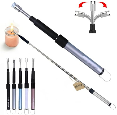 Extra Long Lighter for Grill, Extendable 2.5 Ft Plasma Arc, Flexible Neck | Windproof plasma arc for candles, fire pits, pilot lights and camping, stainless steel wand with safety lock, Silver
