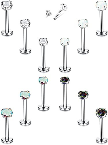 MILACOLATO 12 PCS 16G Helix Tragus Pendientes para Mujer Acero Inoxidable Labio Labret Stud Cartílago con Rosca Interna Pavimentado Clear CZ Opal Flat Back Pendientes Aretes Piercing S6mm