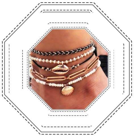 Jovono Boho-Fußkettchen, mehrlagig, mit Perlen, Muscheln, Strandperlen, Fußschmuck für Damen und Mädchen (5 Stück)