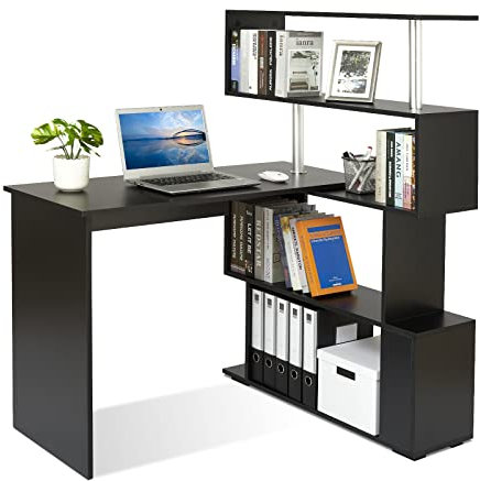 Mondeer Computertisch L-Förmig, Eckschreibtisch, mit 360 Grad Drehbarem Bücherregal für Arbeitszimmer Wohnzimmer Büro 157 x 45 x 130,5 cm, Schwarz