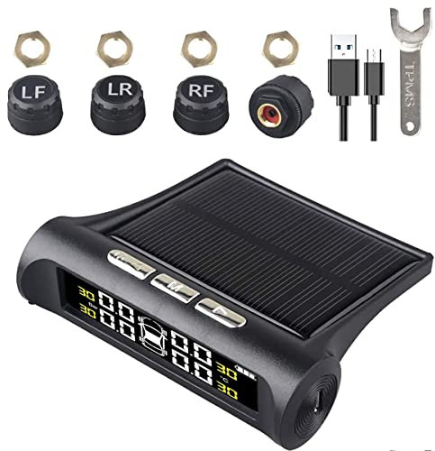 SDYGDB Tire Pressure Monitoring System Solar Wireless TPMS with 4 Sensor IP67 Waterproof Auto Safety Monitor Digital LCD Display USB Charging Auto Alarm System for Truck RV Trailer Car(black)