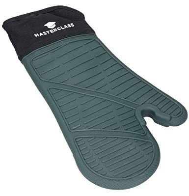 MasterClass Silicone Oven Gloves, Heat Resistant Mitts with Cotton Padding, Single Sided Non-Slip Gloves for Cooking and Baking, BPA-Free, Black/Hunter Green