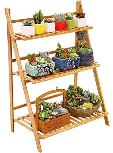 GIZNXBA Blumenständer Fensterbank Bambus-Leiter-pflanzenständer 3-stöckiges Pflanzenregal Blumentreppe Faltbares Pflanzentreppe Für Innen Außen Terrasse Garten (Size : 50cm)