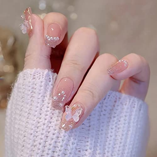 AKOFIC 24 Stück Press on Nails Kurz Sarg, French Acryl Ballerina Künstliche Nägel, Nägel Zum Aufkleben mit Jelly Nagelkleber, Perle Schmetterling Fake Nails für Frauen Mädchen