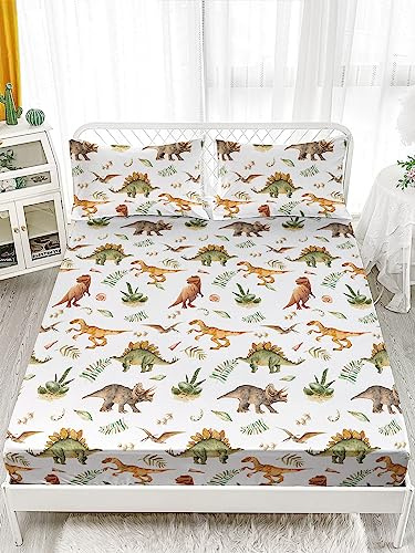 AILONEN Kids Dinosaur Fitted Sheets Twin XL Size, Cartoon Dino Prehistorical Reptiles Bedding Set for Boys Girls,Tropical Leaves Breathable Sheet 3 Pieces Set, 1 Fitted Sheet and 2 Pillowcases