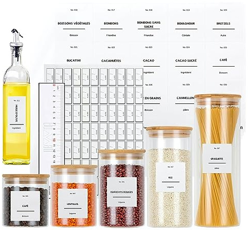 BUWATI 286 Étiquettes Autocollantes Cellier & Garde-Manger | Stickers Imperméables pour Bocaux | Rangement Cuisine en Français | Écriture Claire Noire sur Blanc | Vinyle Premium