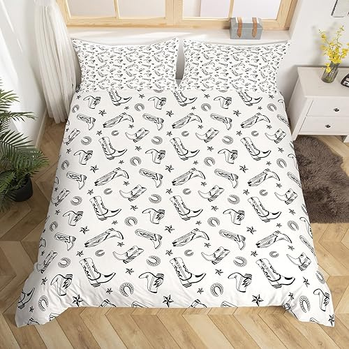 Western Cowboy Kids Duvet Cover Set Double Size,Horseshoe Cowboy Boots Vintage Bedding Set,Teens Adults Room Decor,Western Texas Star Tribal Comforter Cover,Simple Chic Quilt Cover,2 Pillowcases