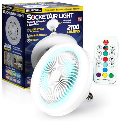 Bell+Howell SocketAir Wireless Ceiling Fan Light with Remote Control, Extender,110-120 Volt, 2100 Lumens, 3 Fan Speeds, 3 Light Settings, 6500K for Living, Dining, Working Space ASON TV