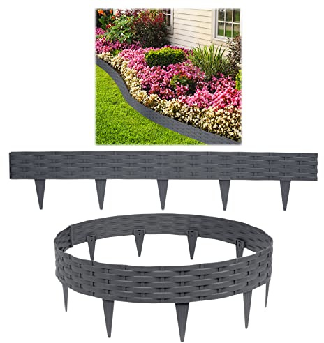 HENGMEI Rasenkanten Kunststoff Beetumrandungen 20m Beetumrandung Gartenpalisade Mähkante 20 stücke Rattan-Optik Randsteine Palisaden Gartenzaun, Anthrazit