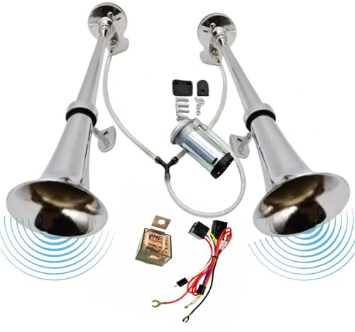 YIYIDA Bocina de aire Bocina de camión Altavoz de cromo y zinc Bocina de automóvil plateada Car horn 12v Air Horn Soprano y bajo Bocina de camión de doble tubo Auto Horn para 12V coches camiones etc