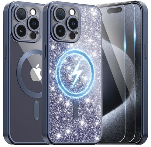 Ethanger for iPhone 15 Pro Case with 2 Screen Protector Compatible with MagSafe, Magnetic Cover Shockproof Frosted Bumper with Glitter Card and Wrist Strap for Women Girls, Titanium Blue | Compatible with Magsafe, glitter card and wrist strap, transparent silicone matte cover