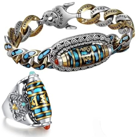 Türkisfarbener Sechs-Zeichen-Mantra-Neunäugiger Dzi-Perlenring,Vintage-verstellbarer tibetischer Meditations-Amulett-Glücksring,360° drehbare Zappelringe gegen Angstzustände (2 Stück-A (20 cm))