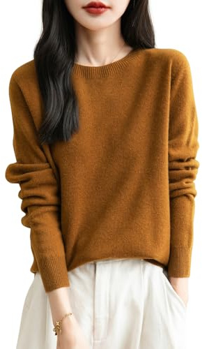 Chanyarn Femme 100% Lain Merino Col Rond Pull 2024 Décontracté Manches Longues sans Couture Pull en Tricot (Caramel,M)