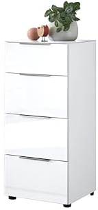 Kommode SANTORIN weiß mit Glasfront, Schrank Korpus in weiß mit Oberboden in Glas und Schubladen für Ihren Wohnbereich - 45 x 99 x 40 cm (B/H/T) | Schrank mit Lip-Griffen aus Metall und Oberboden aus Glas, viel Stauraum für Wohnzimmer, Schlafzimmer oder Flur