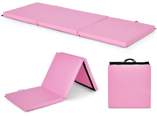GYMAX 3-fach Trainingsmatte faltbar, tragbare Gymnastikmatte 180 x 60 x 5 cm, Gymnastikmatte mit Klettverschluss & Tragegriffen, Turnmatte für Yoga & Stretching (Rosa)