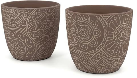 Vimin Box Coppia di Vasi in Terracotta Decorati Caffè | Diametro 12,5cm | Vasi per Fiori e Piante da Interno ed Esterno | Portavaso Elegante per Casa, Giardino, Balcone