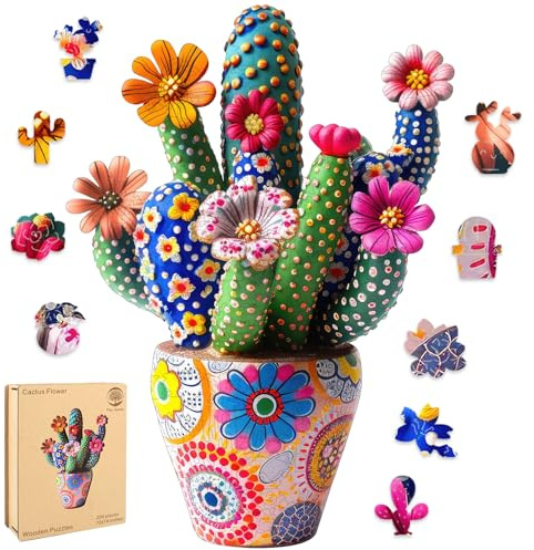 Mys Aurora Puzzle in legno a forma di fiore di cactus, 200 pezzi di lusso a forma di puzzle in legno per adulti e bambini, gioco per famiglie, medio 25,4 x 35,5 cm