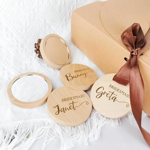 HERSTL Personalisierter Holzspiegel, Individuell Anpassbare Kompaktspiegel, Gastgeschenk for Brautpartys, Hochzeitsfeiern, Handtaschen-Schminkspiegel, Personalisierte Schnitzgeschenke for Geburtstage