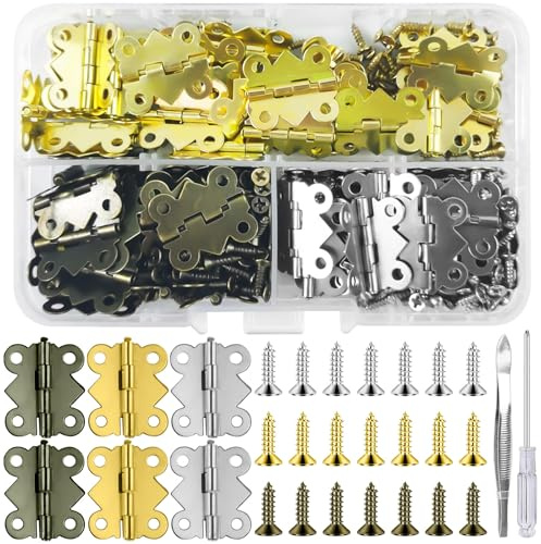 Bohoray 90 Stk Scharniere Klappbar Klein Schmetterling 20 * 17 mm 3 Farben | Metall Mini Scharniere für Holz mit 360 Schrauben und 1 Schraubendreher für Schmuckbox Cabinet Holzkiste DIY