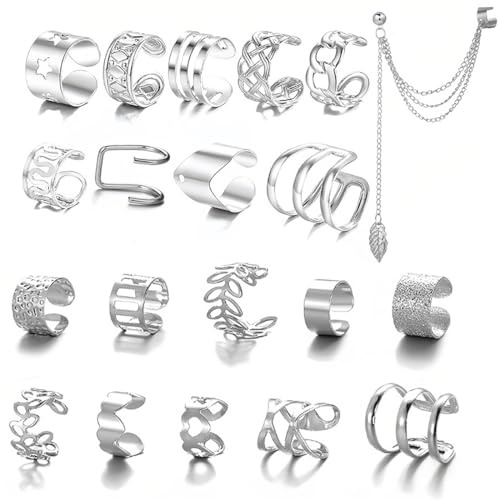 WOZNU 20Pcs Ear Cuff Set Damen Ohrmanschette Ohrringe Earcuffs Set Helix Knorpel Ohrmanschette Ohne Ohrloch Wickelohrring Fakepircings Ohr Cuffs Ohrklemme